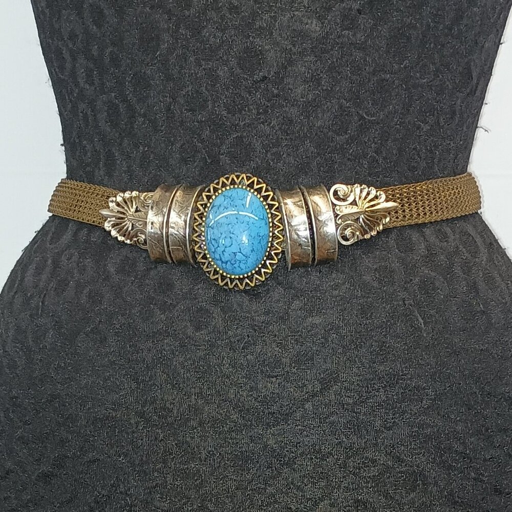 Ferrara Faux Turquoise Matrix Glass Cabochon Wire Knit Belt